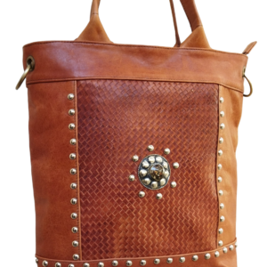 Brown leather handbag with a modern design
